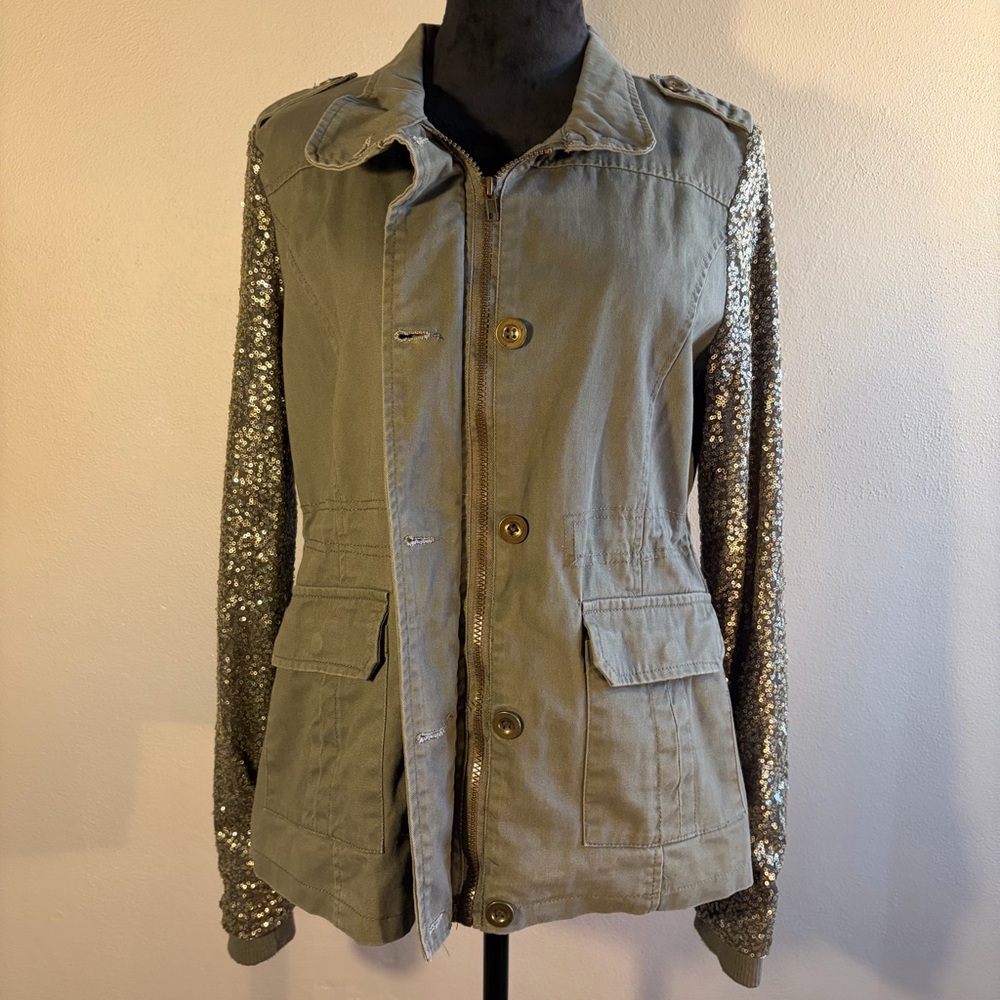Quinn Olive Green Utility Jacket Sequin Sleeves Snap Pockets Military Anorak L - Picture 5 of 16